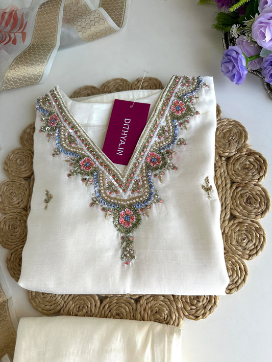 K024 - Roman silk handwork straight Kurti with pants and dupatta in 3 colours