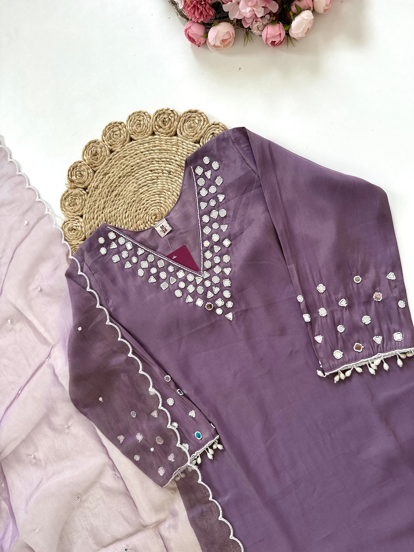 K209 - Shimmer silk mirror work straight Kurti with pants and dupatta in 3 colours