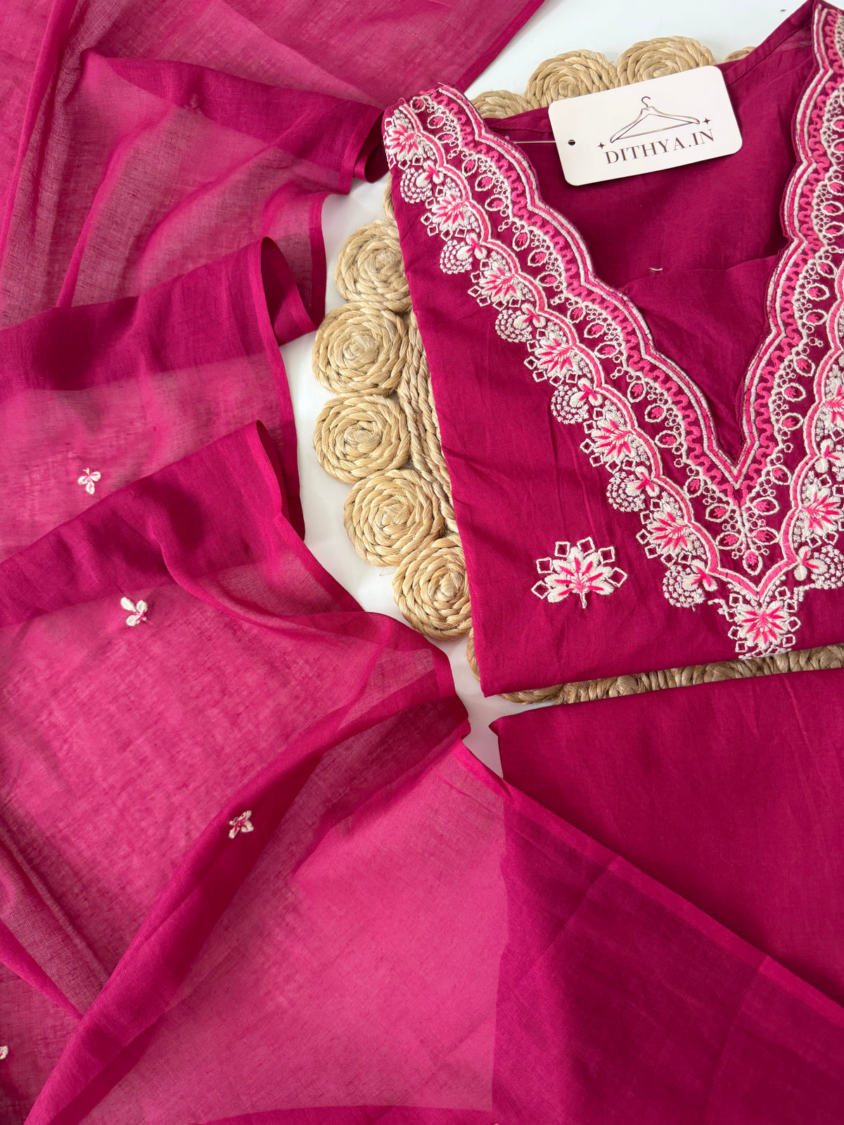 K434 - Mul cotton embroidered Aline Kurti with pants and dupatta