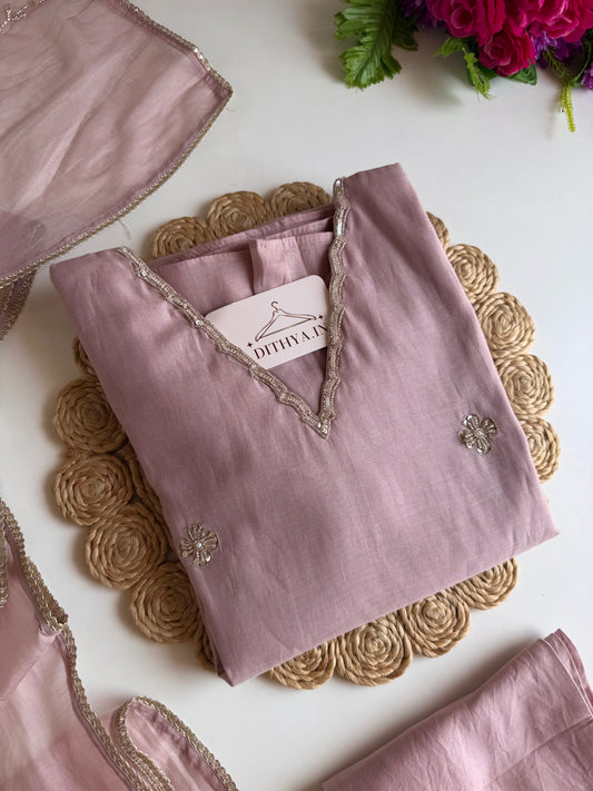K245 - Mul chanderi handwork aline Kurti with pants and dupatta
