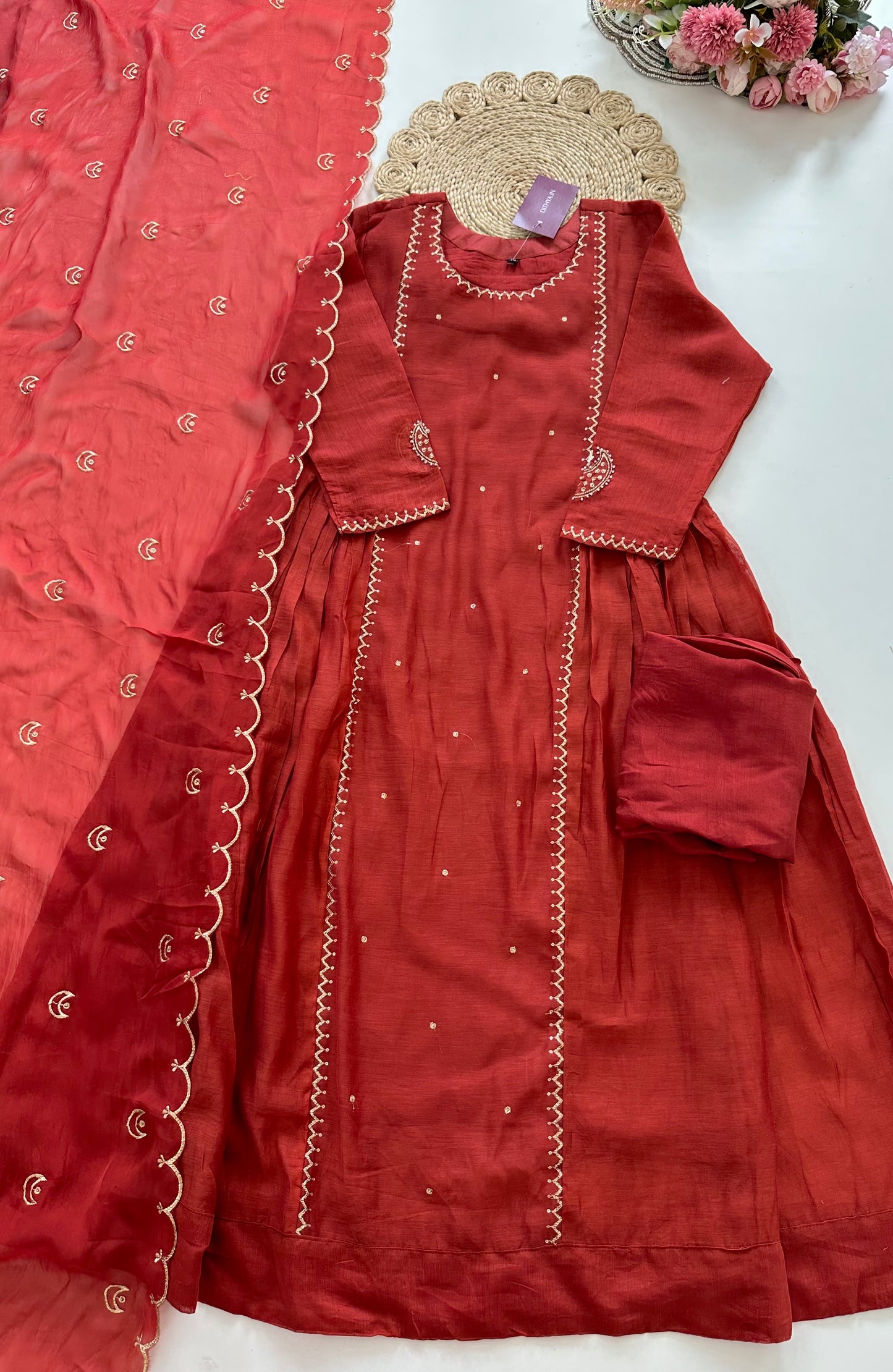 K091 - Mul Chanderi Zari work Anarkali with pants and dupatta in 2 colours