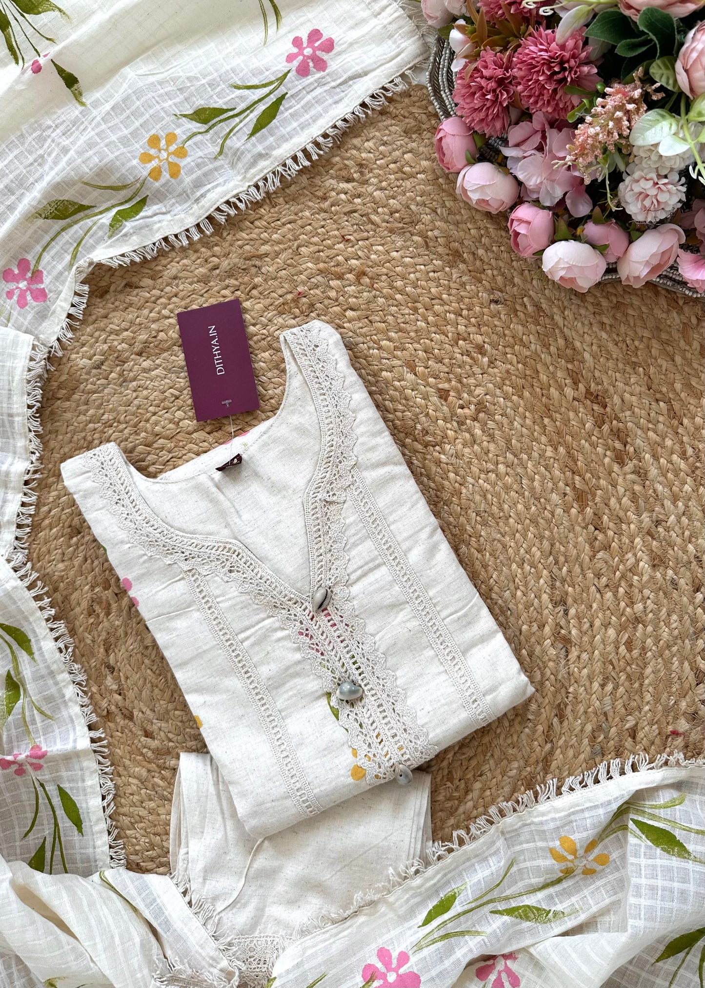 K253 - Slub cotton hand painted straight Kurti with pants and dupatta