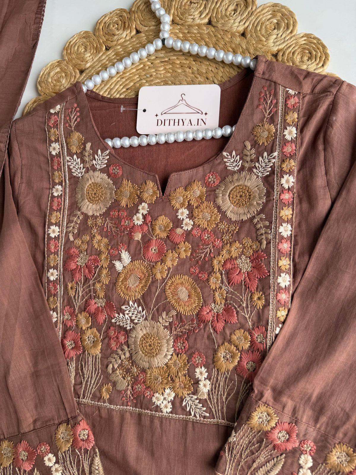 K657 - Mul cotton embroidered straight Kurti with pants and dupatta