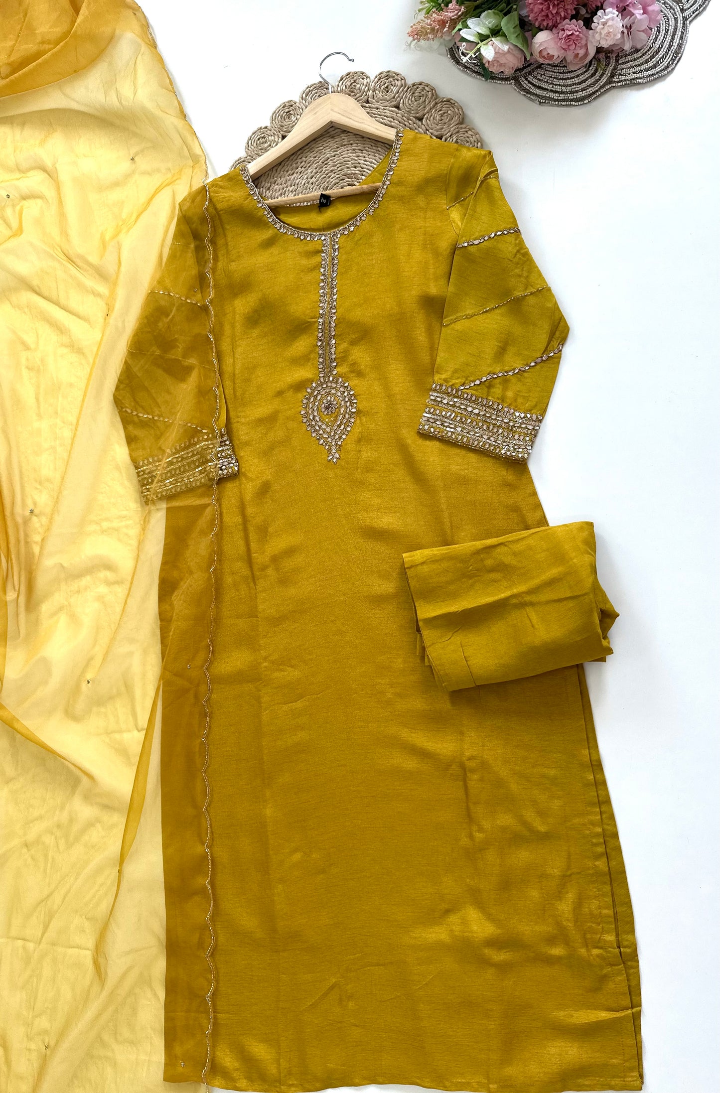 K271 - Russian silk Gota work Straight kurti with pants and dupatta