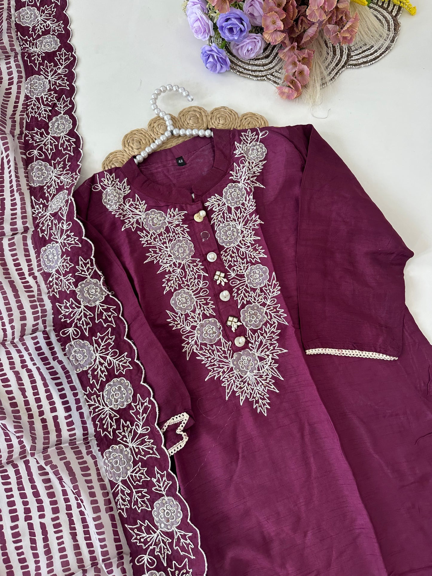 D399-Russian silk straight kurti with pants and dupatta