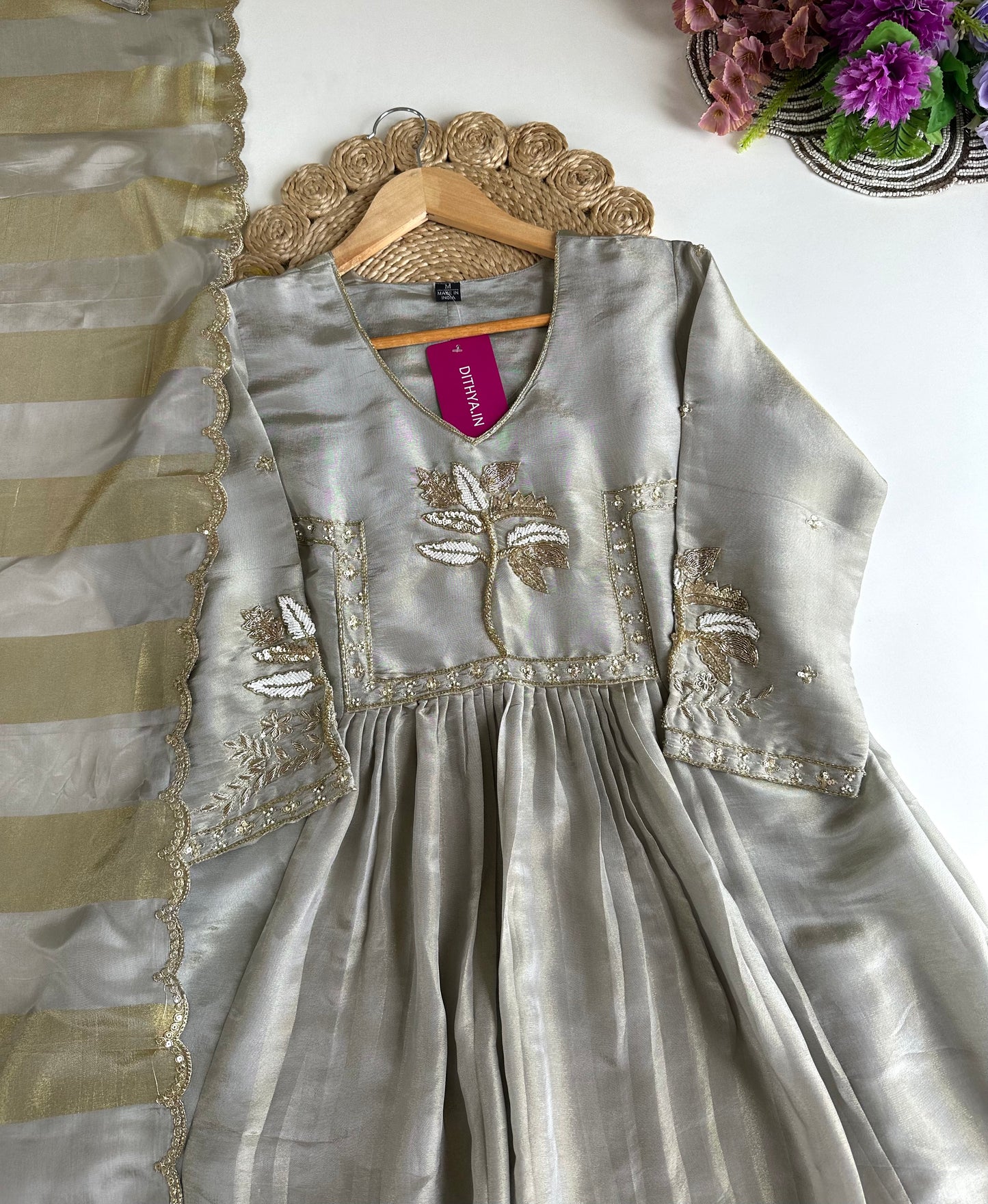 K135 - Tissue silk handwork Anarkali with pants and dupatta