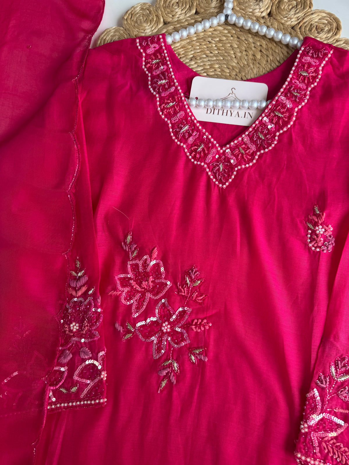 K610 - Mul chanderi handwork short Kurti with pants and dupatta