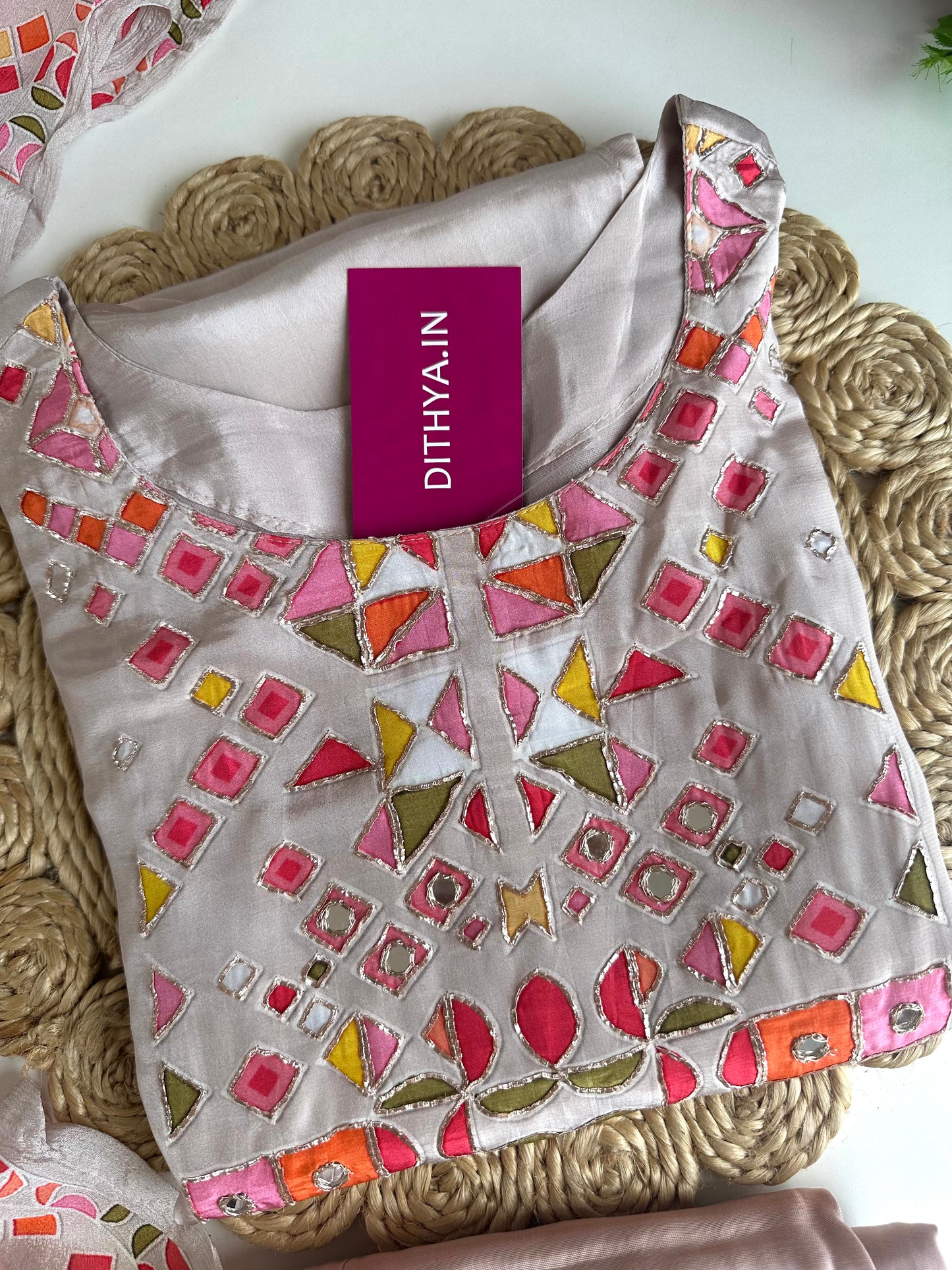 K132 - Pure crape handwork straight Kurti with pants and dupatta