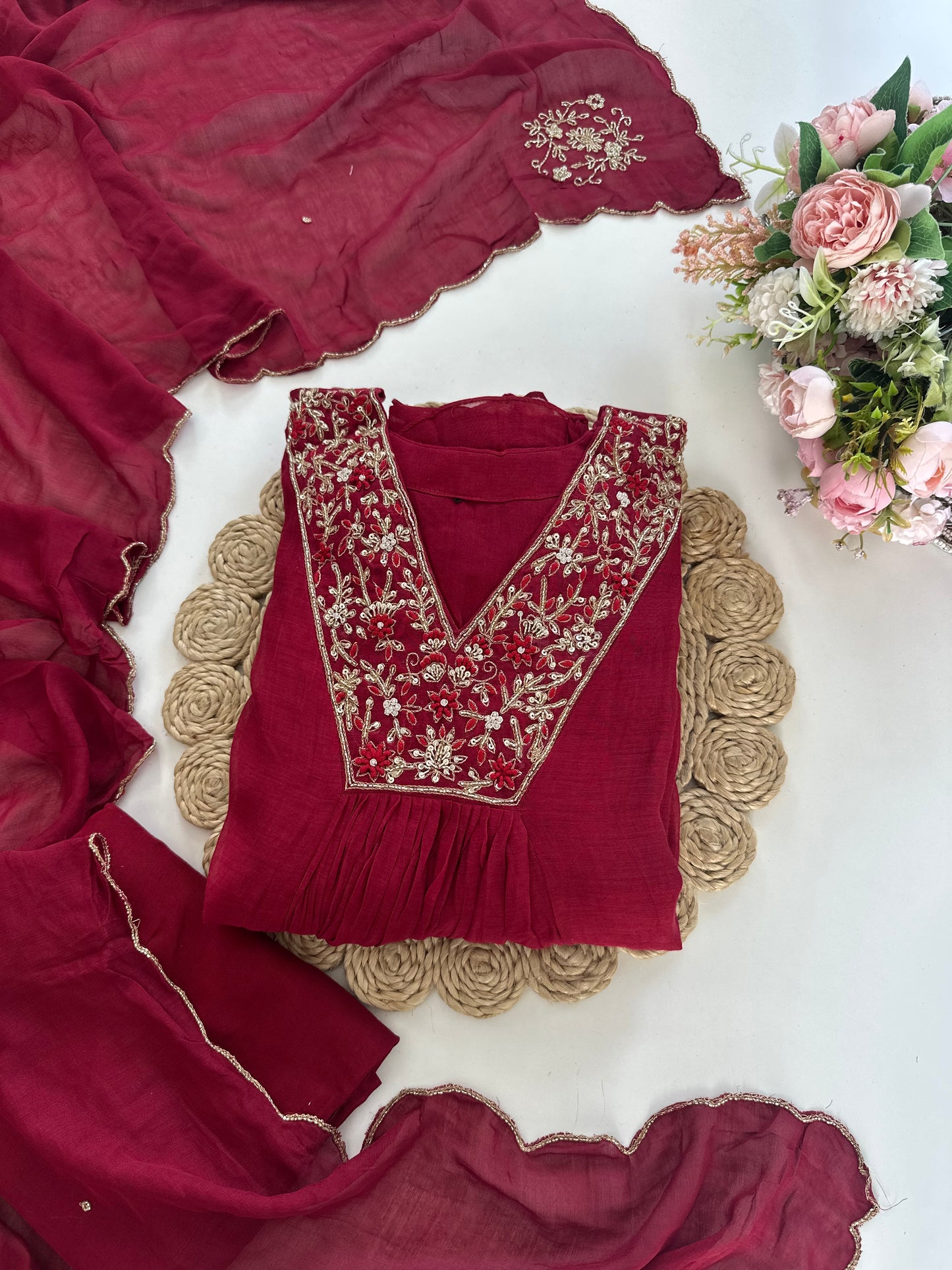 K191 - Mul Chanderi handwork Aline Kurti with pants and dupatta in 3 colours