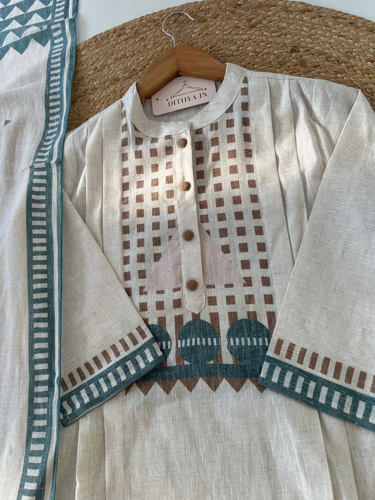 K558 - Linen cotton printed aline Kurti with pants and dupatta