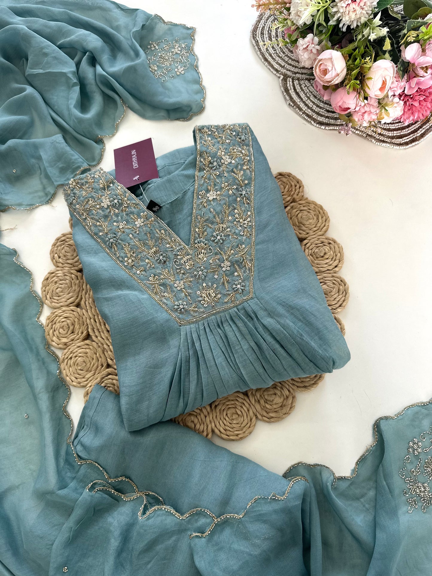 K191 - Mul Chanderi handwork Aline Kurti with pants and dupatta in 3 colours