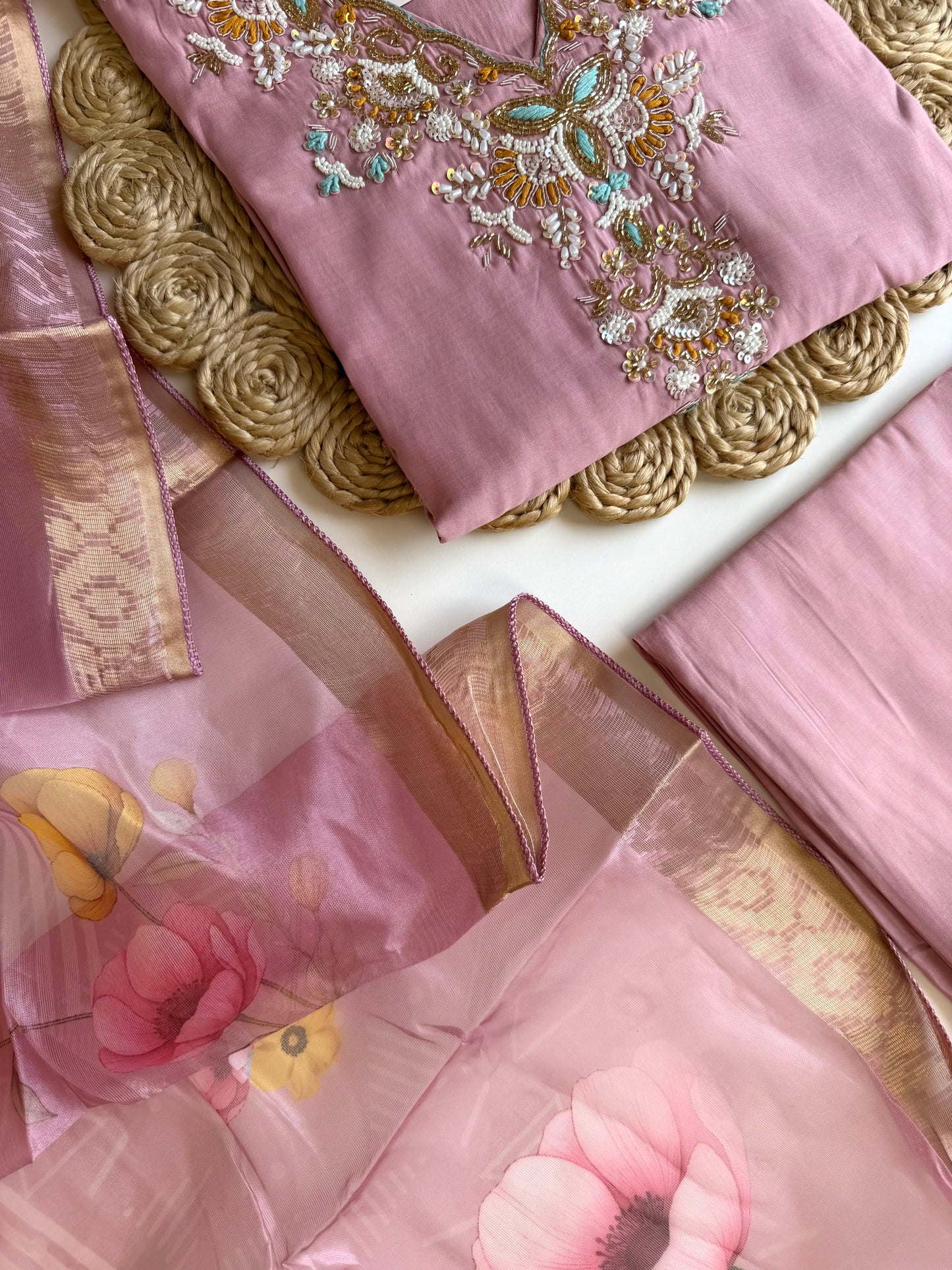 K515 - Roman silk handwork straight Kurti with pants and dupatta