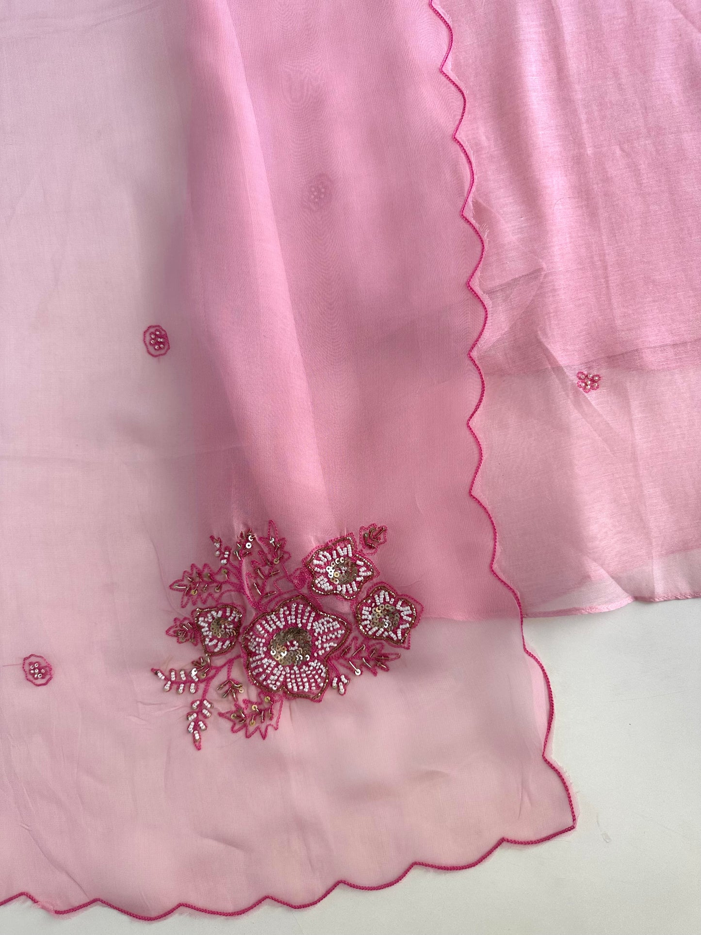 K420 - Mul Chanderi handwork Aline Kurti with pants and dupatta