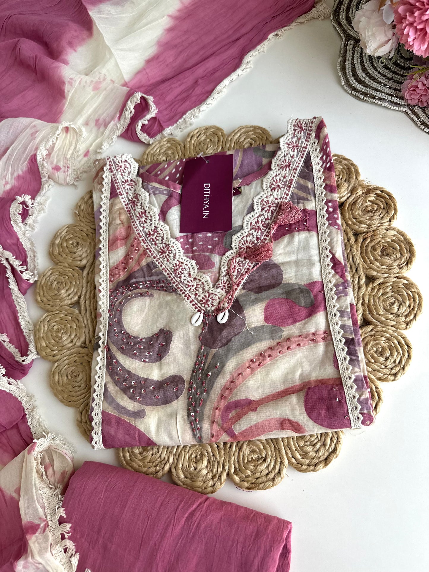 K030 - Cotton embroidered straight Kurti with pants and dupatta
