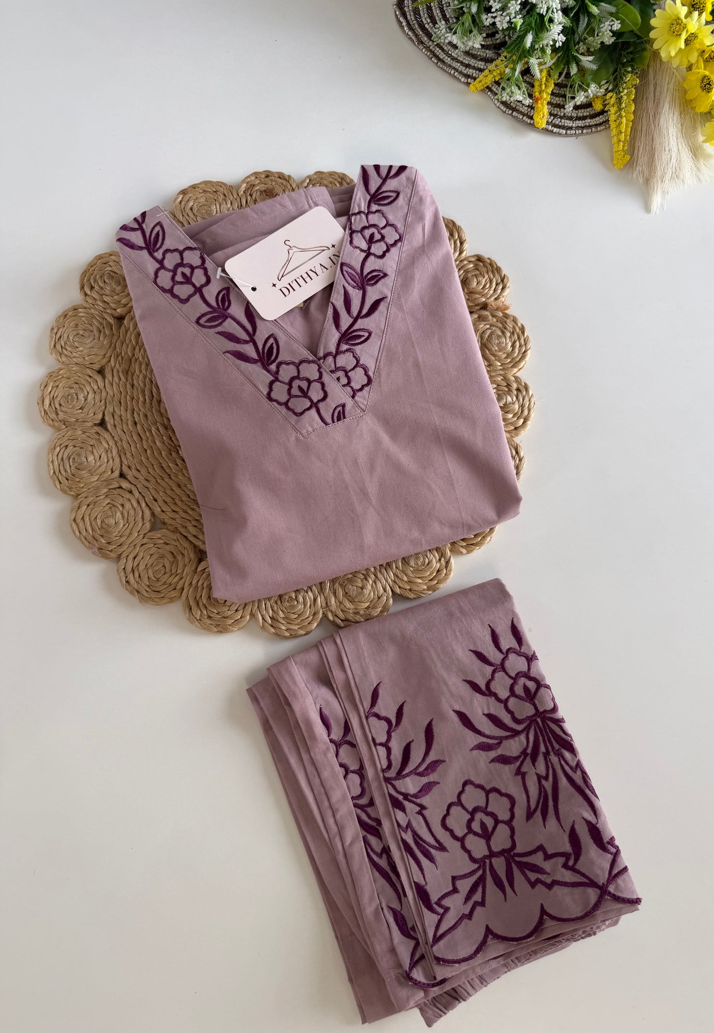 K442 - Cotton embroidered aline Kurti with pants and dupatta
