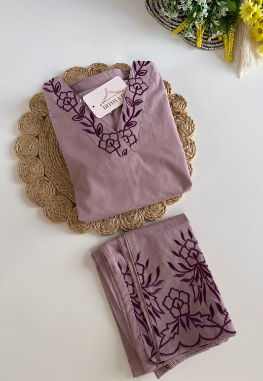 K442 - Cotton embroidered aline Kurti with pants and dupatta