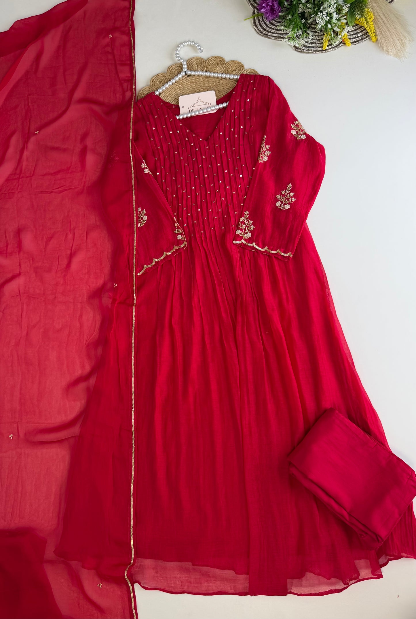 K537 - Mul chanderi handwork Aline Kurti with pants and dupatta