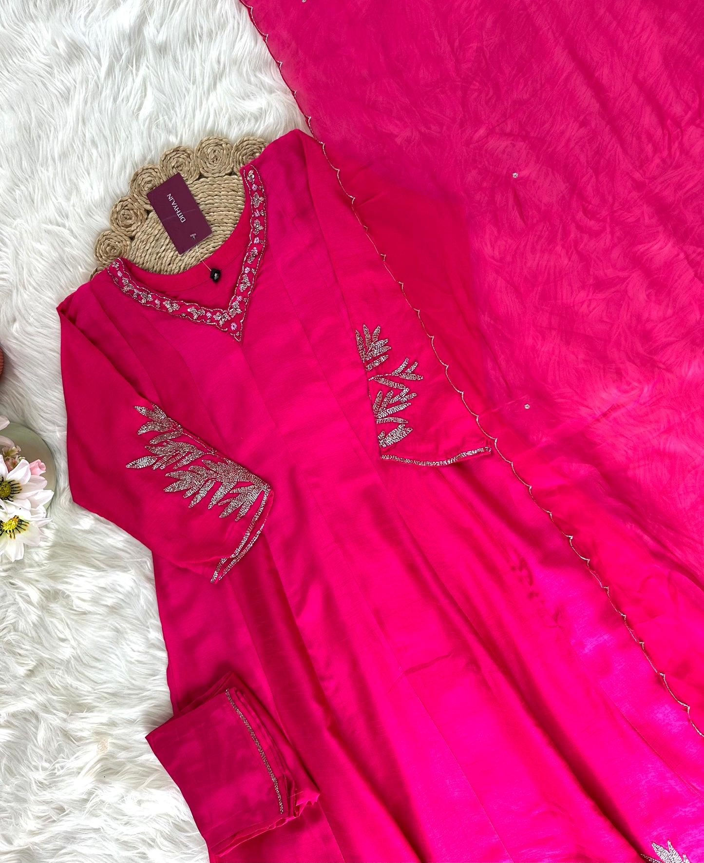 K113 - Russian silk Zardosi work Anarkali with pants and dupatta .