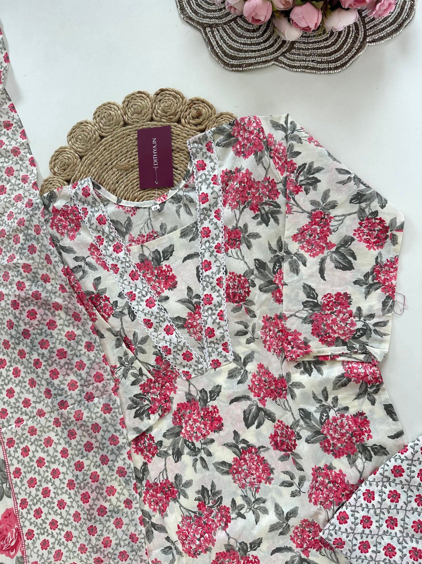 K138 - Cotton printed straight Kurti with pants and dupatta