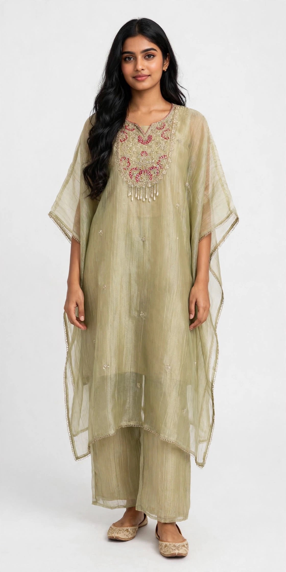 K645 - Glass tissue silk handwork kaftan with inner and pants