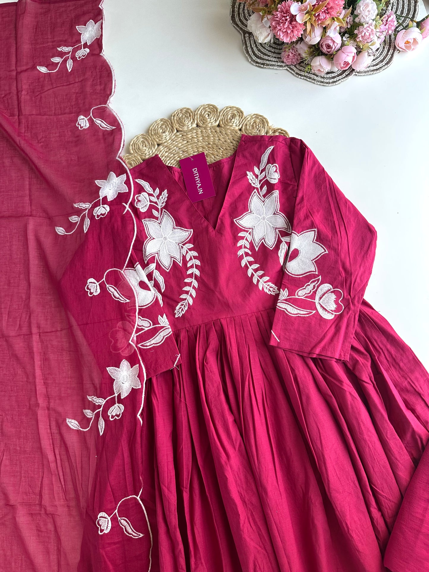 K197 - Mul cotton appliqué embroidery Anarkali with pants and dupatta