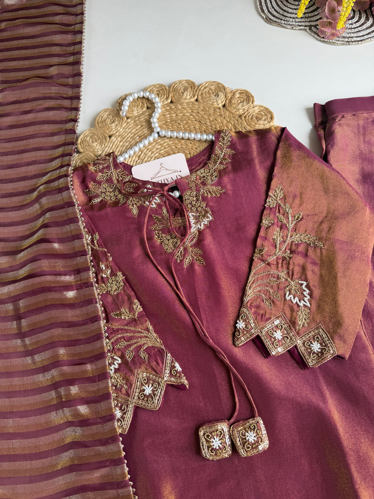 K357 - Shimmer tissue silk handwork short Kurti with divider pants and dupatta