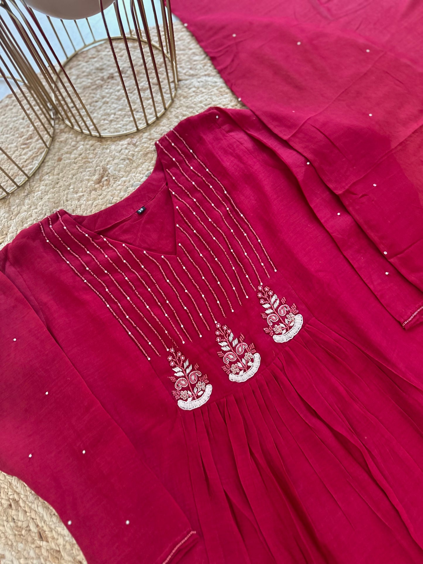 K175 - Mul Chanderi handwork Aline Kurti with pants and dupatta in 2 colours .