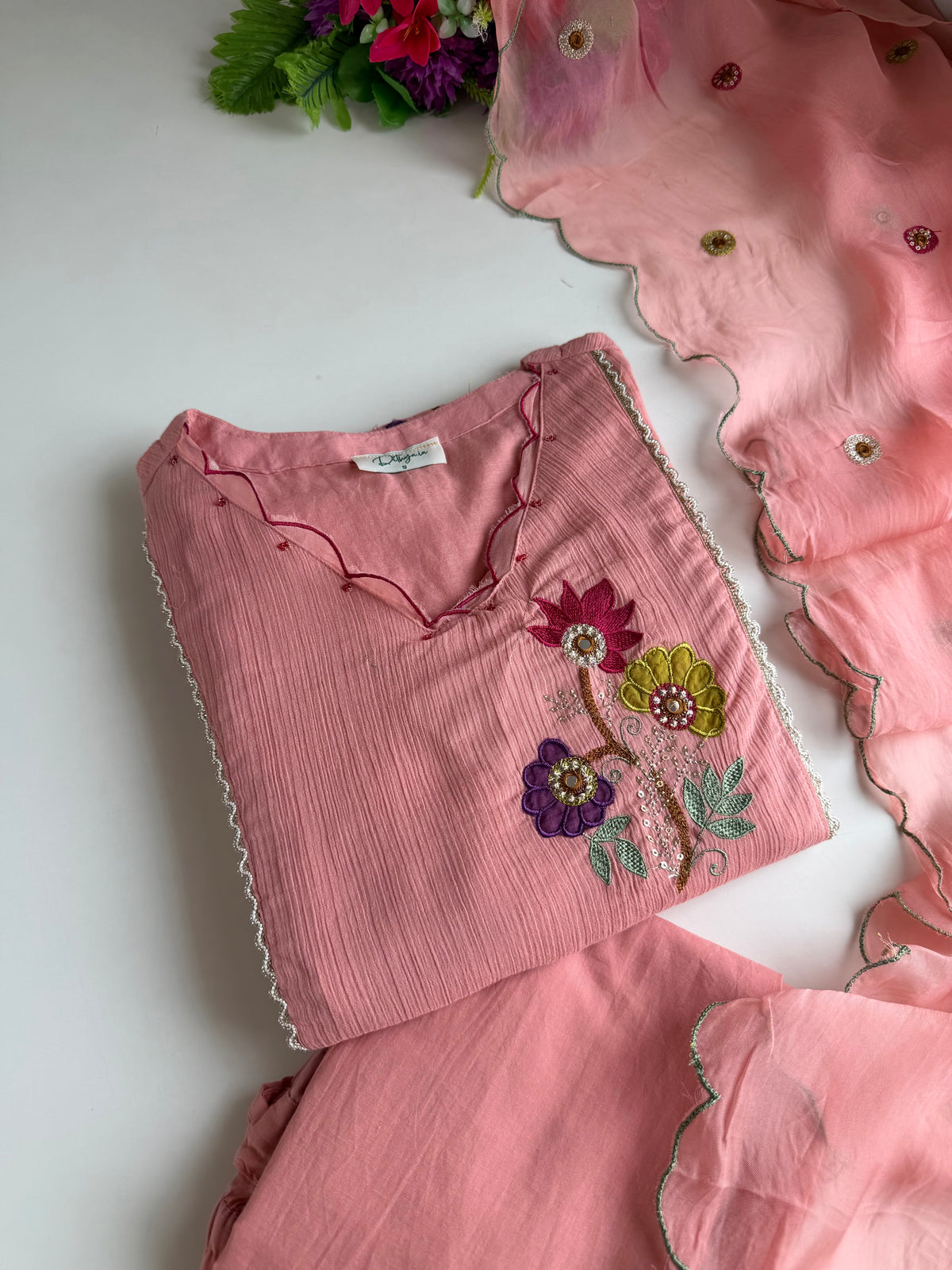 K539 - Crushed mul Chanderi embroidered Aline Kurti with pants and dupatta