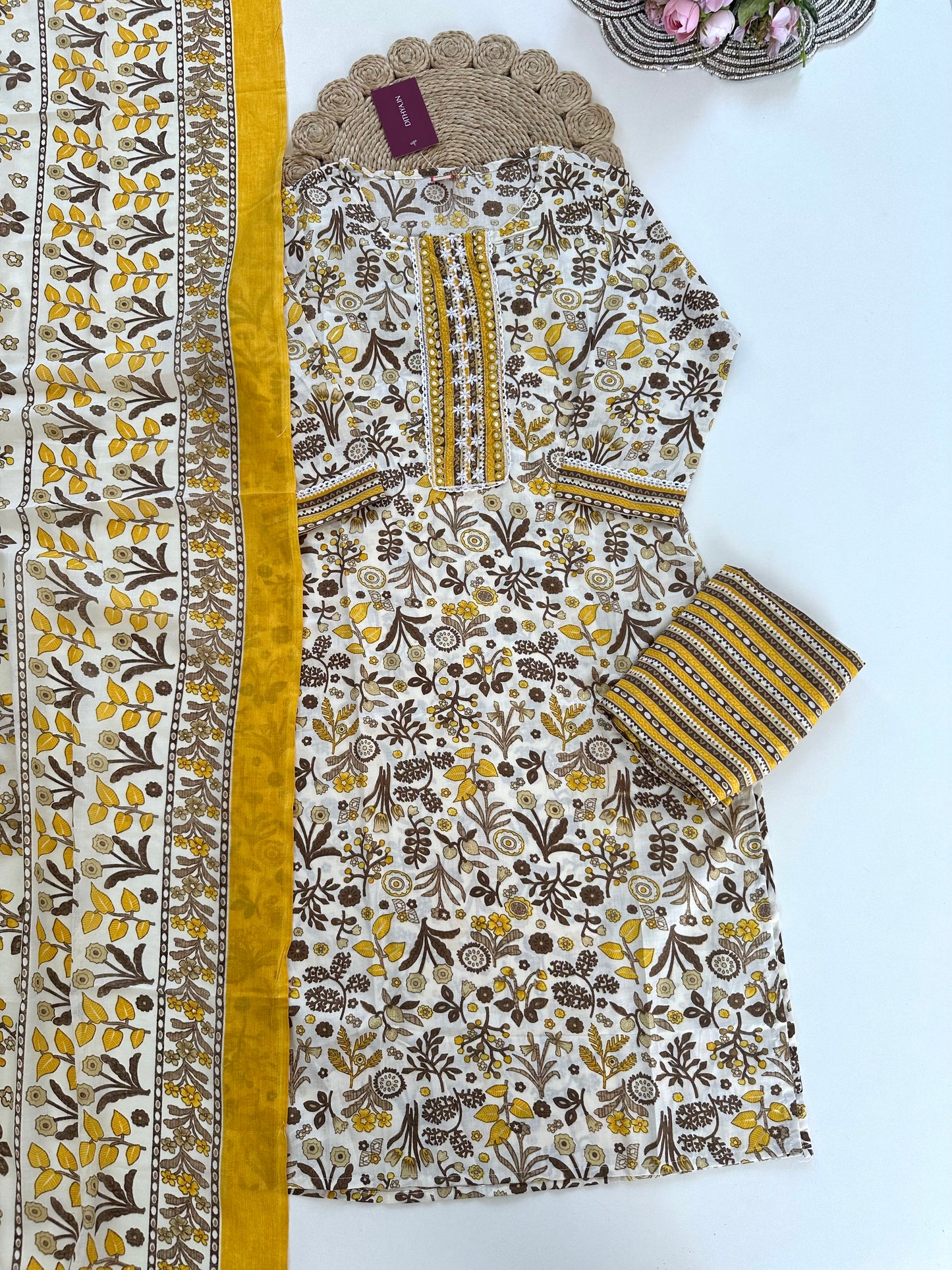 K164 - Cotton printed straight Kurti with pants and dupatta in 3 colours