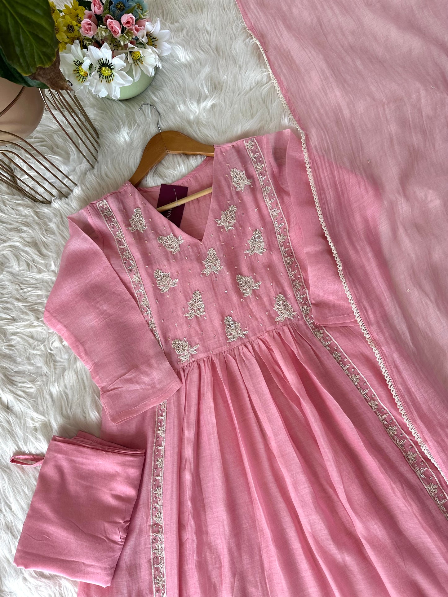 K007 - Mul Chanderi handwork Anarkali with pants and dupatta
