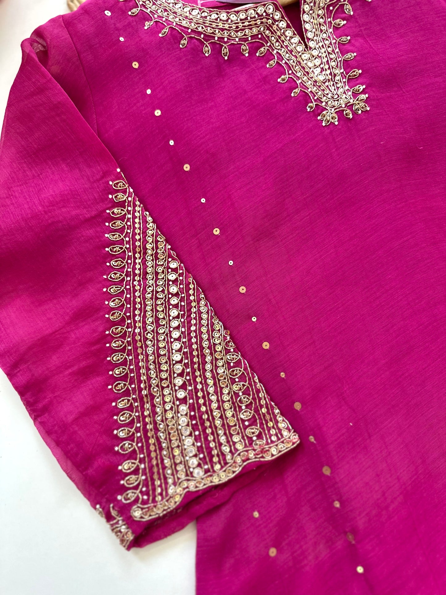 K080 - Mul Chanderi handwork straight kurti with pants and dupatta