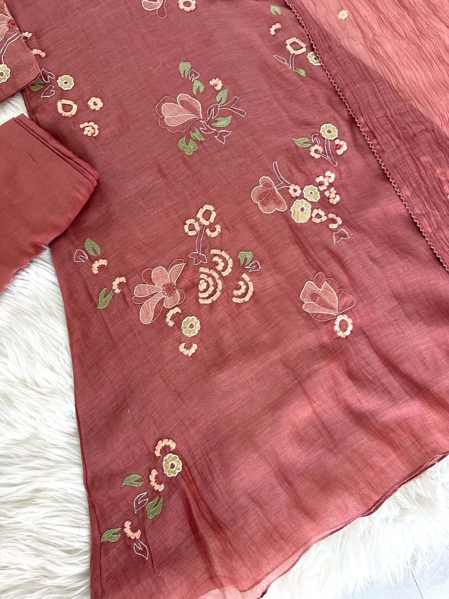 K208 - Mul Chanderi appliqué work Aline Kurti with pants and dupatta