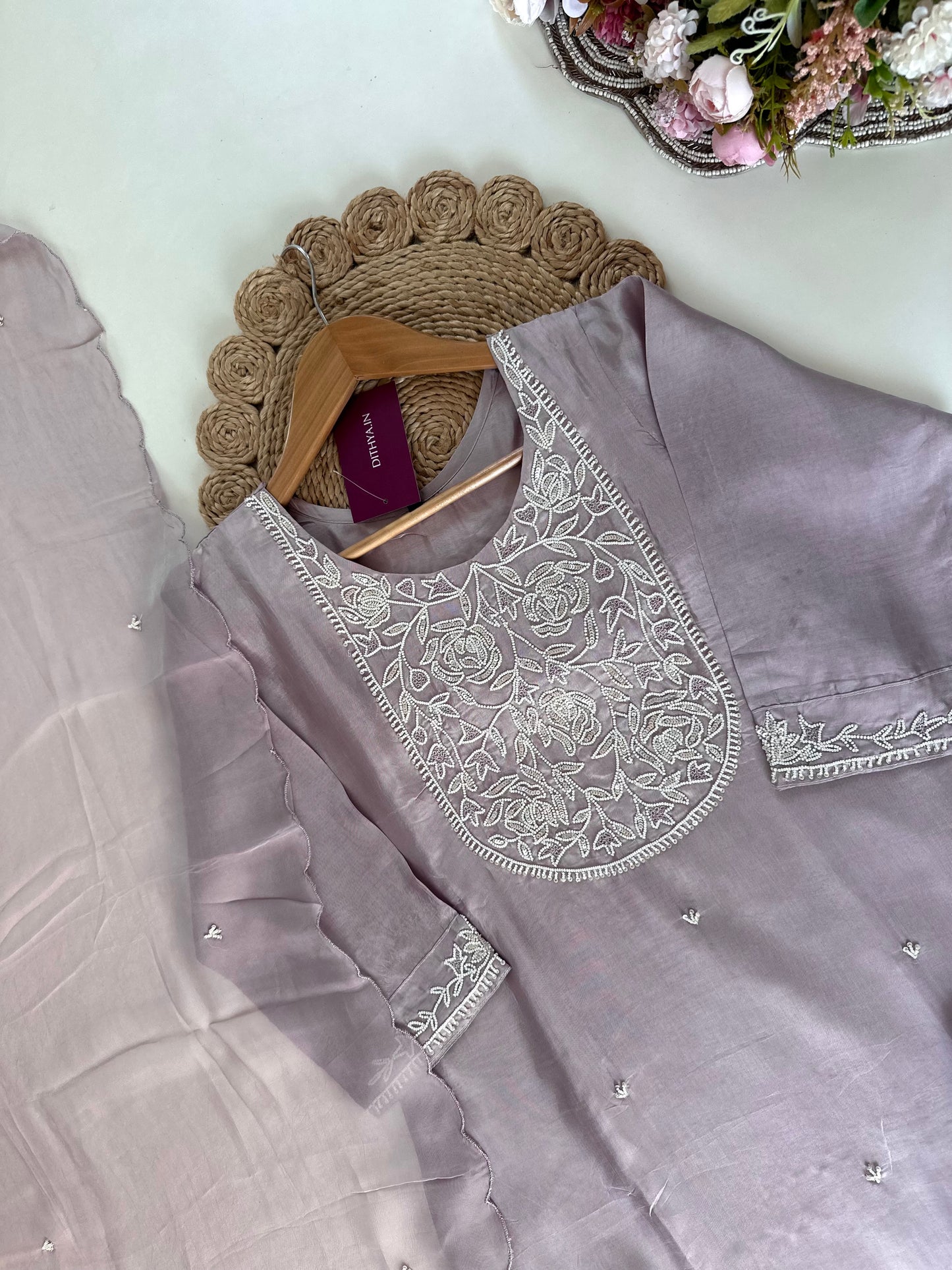 K183 - Abuthai silk pearl work straight kurti with pants and dupatta.
