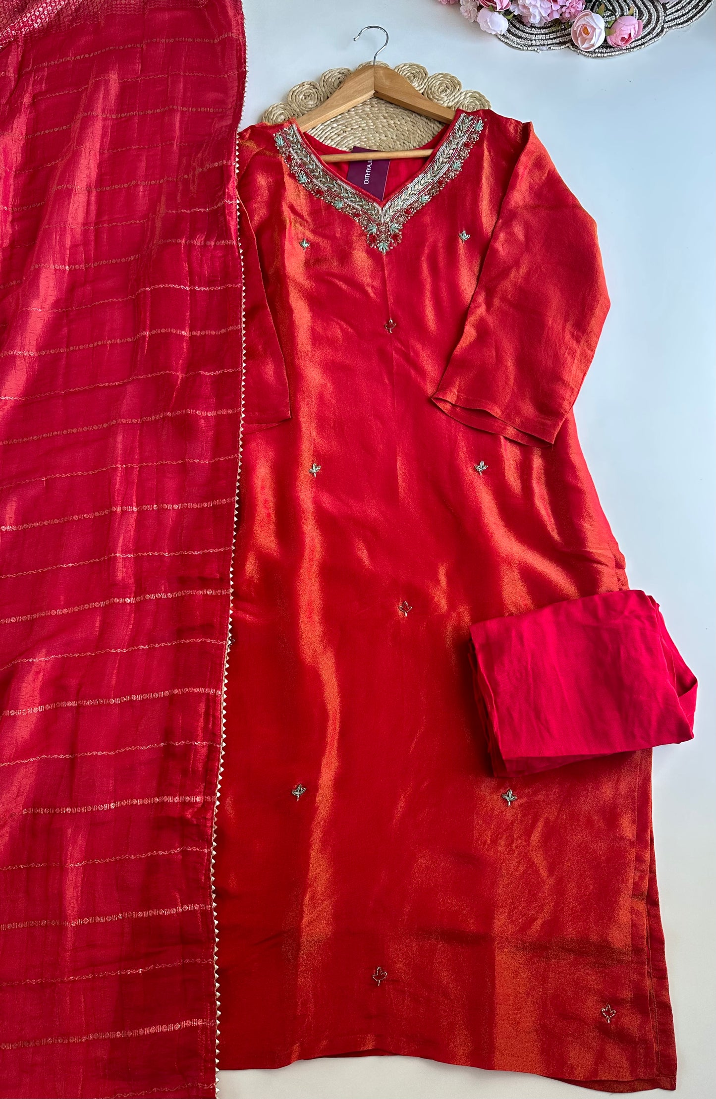 K013 - Tissue silk handwork straight Kurti with pants and dupatta