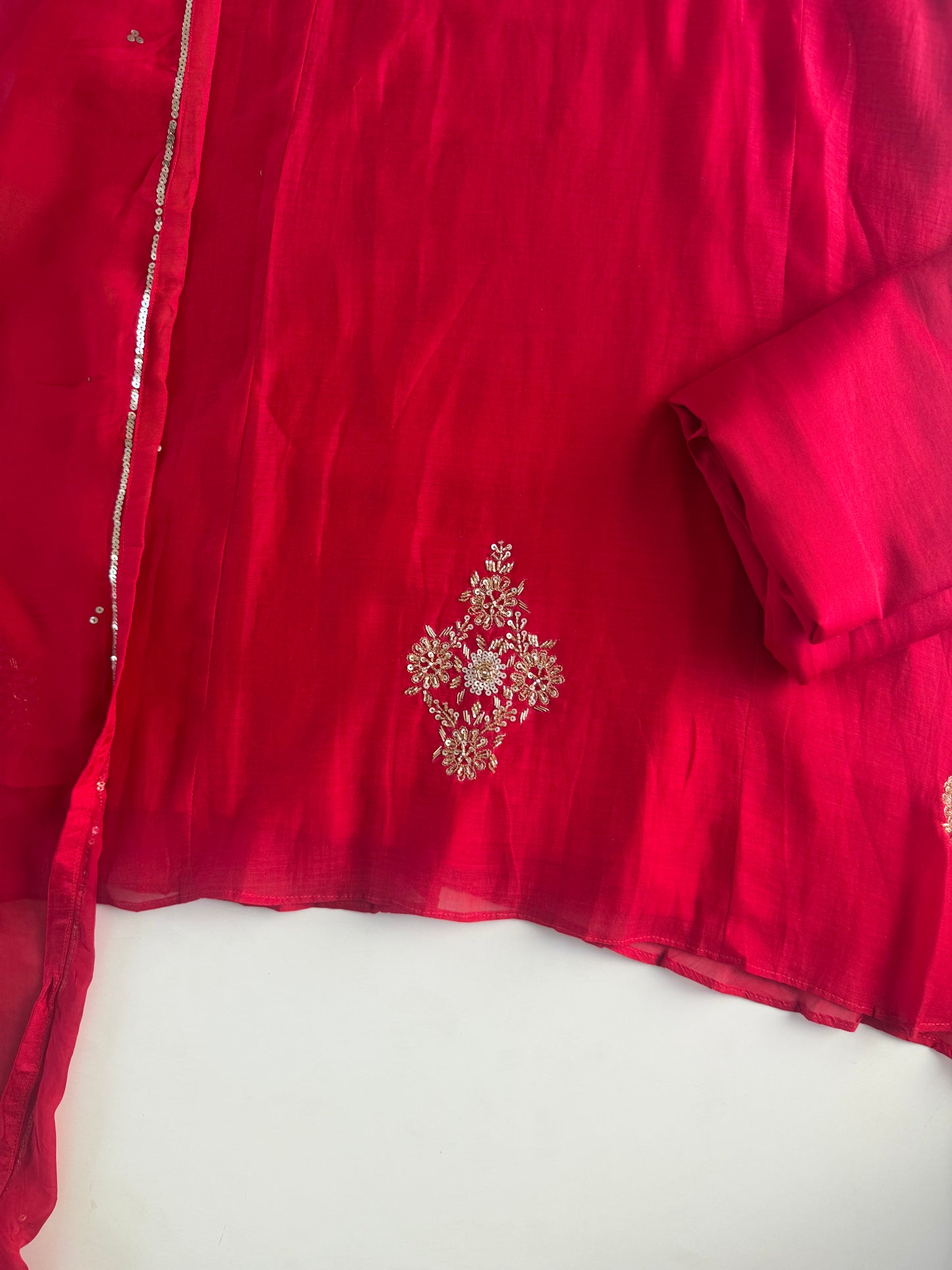 K457 - Mul chanderi handwork aline Kurti with pants and dupatta