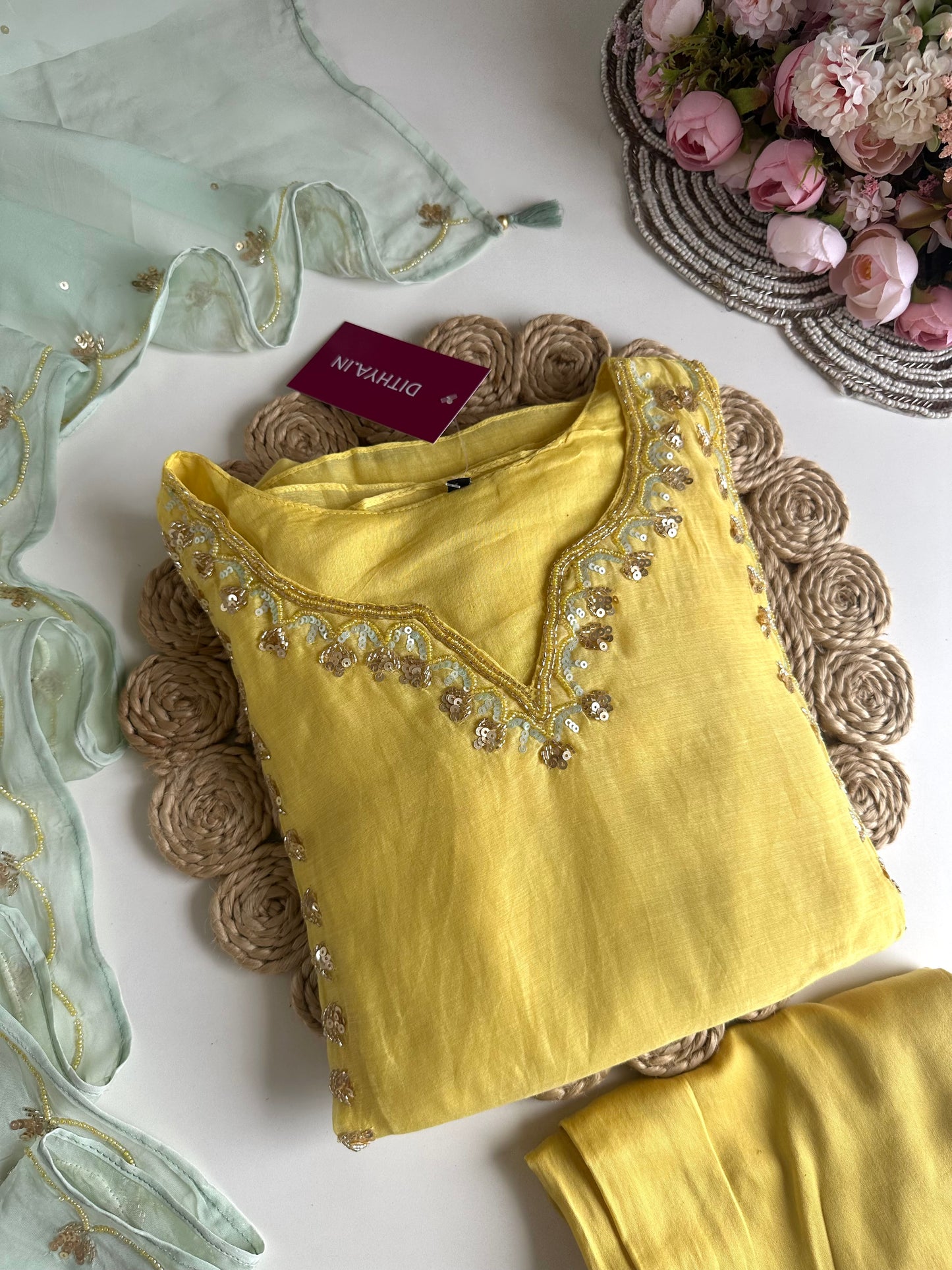 K360 - Mul Chanderi handwork Aline Kurti with pants and dupatta