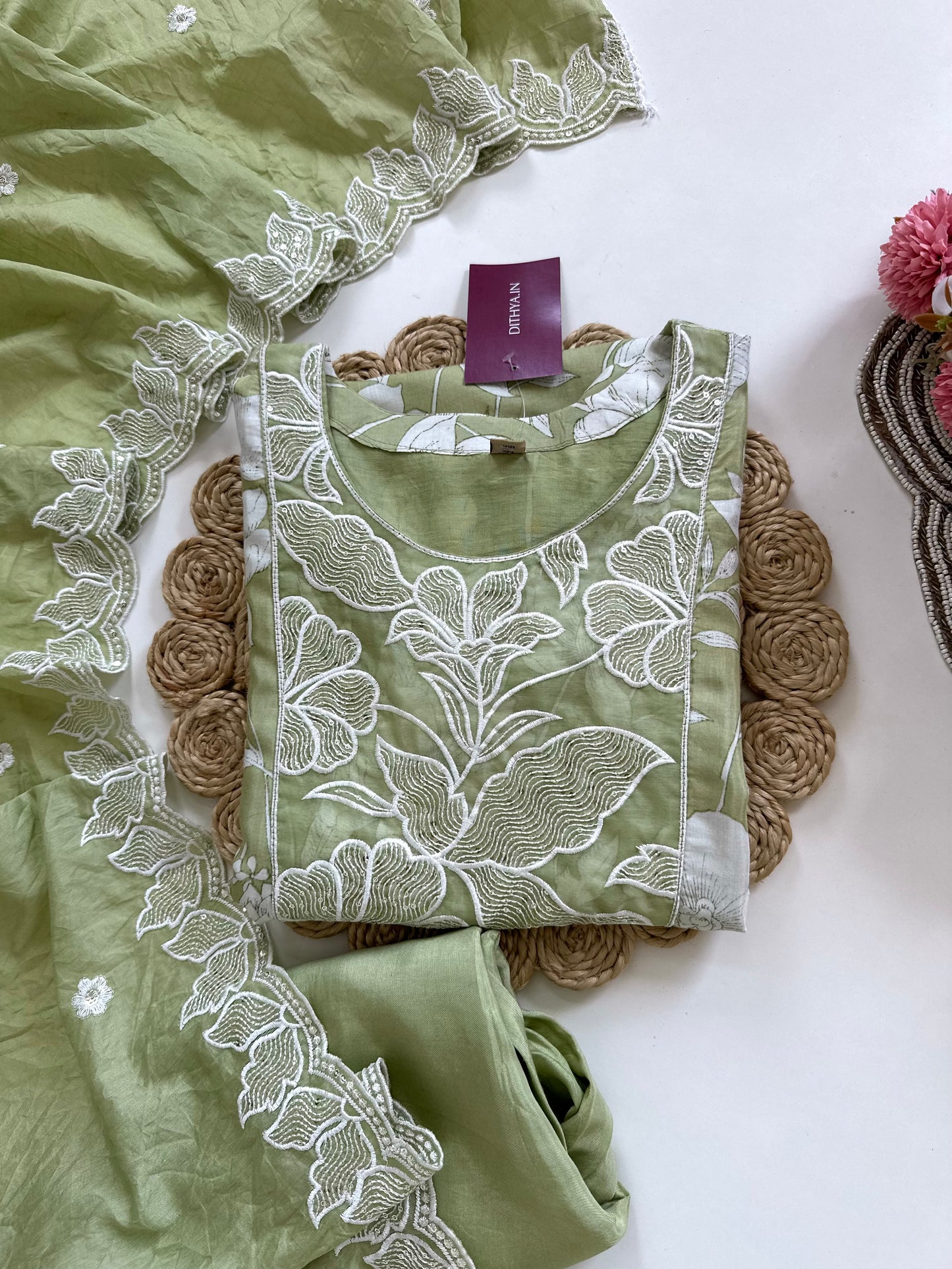 K414 - Muslin silk handwork straight Kurti with pants and dupatta