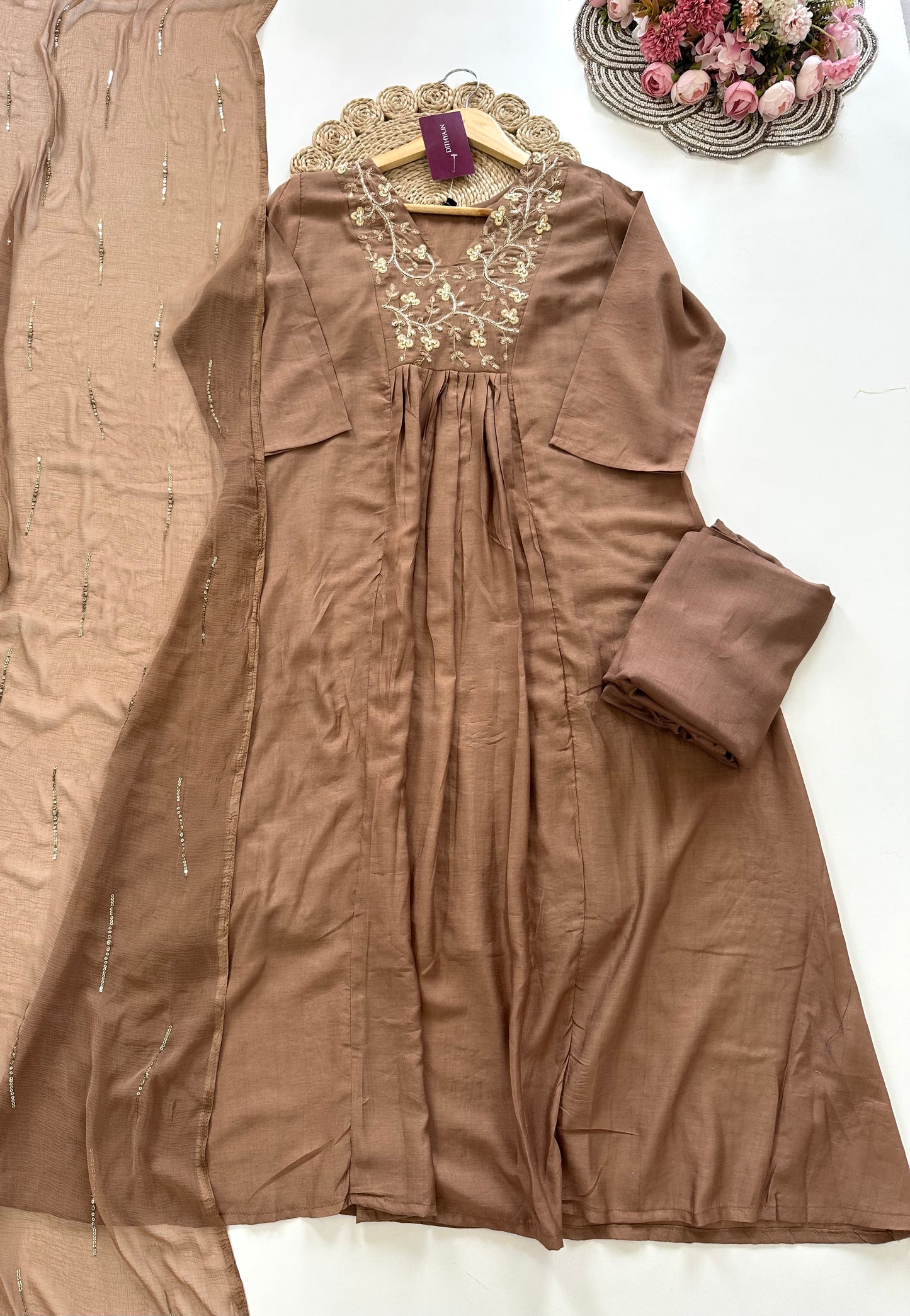 K056 - Mul Rayon handwork Anarkali with pants and dupatta in 2 colours