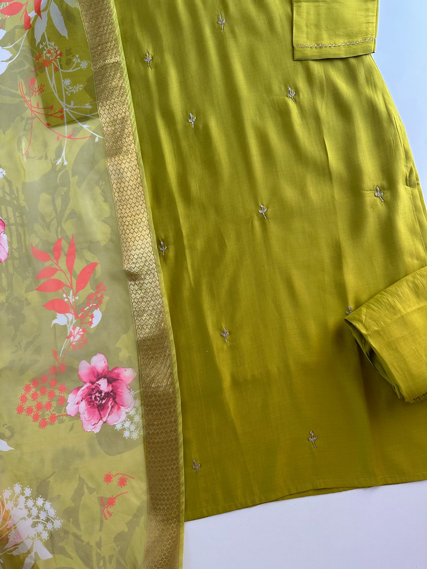 K024 - Roman silk handwork straight Kurti with pants and dupatta in 3 colours