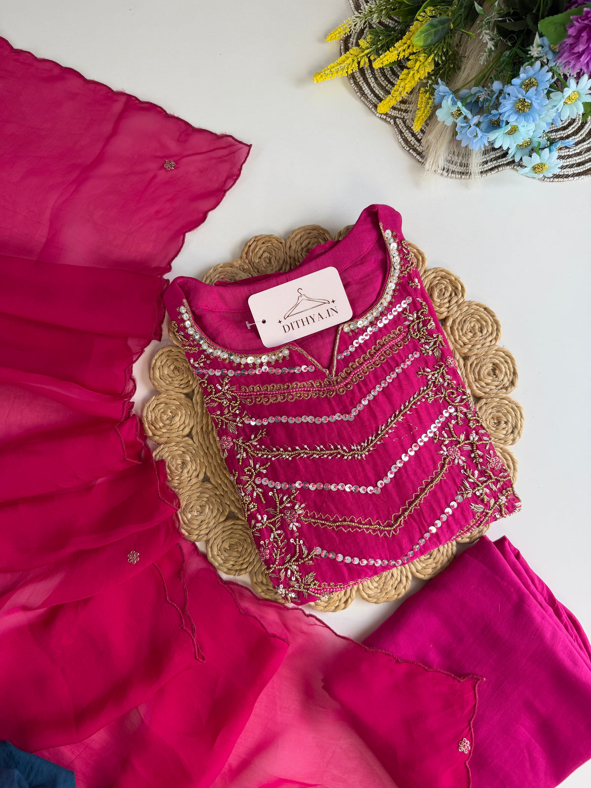 K105 – A-Linien-Kurti aus Mul-Chanderi mit Handarbeit, Hose und Dupatta