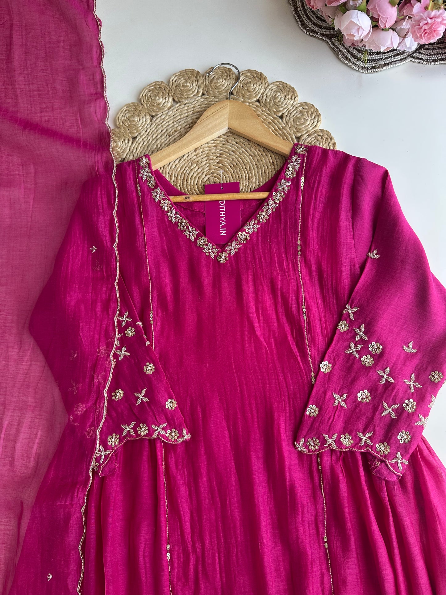 K309 - Mul Chanderi handwork Anarkali with pants and dupatta