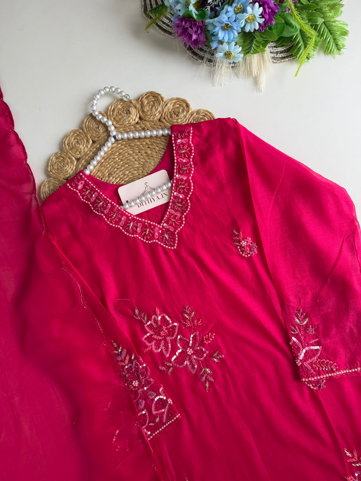K610 - Mul chanderi handwork short Kurti with pants and dupatta