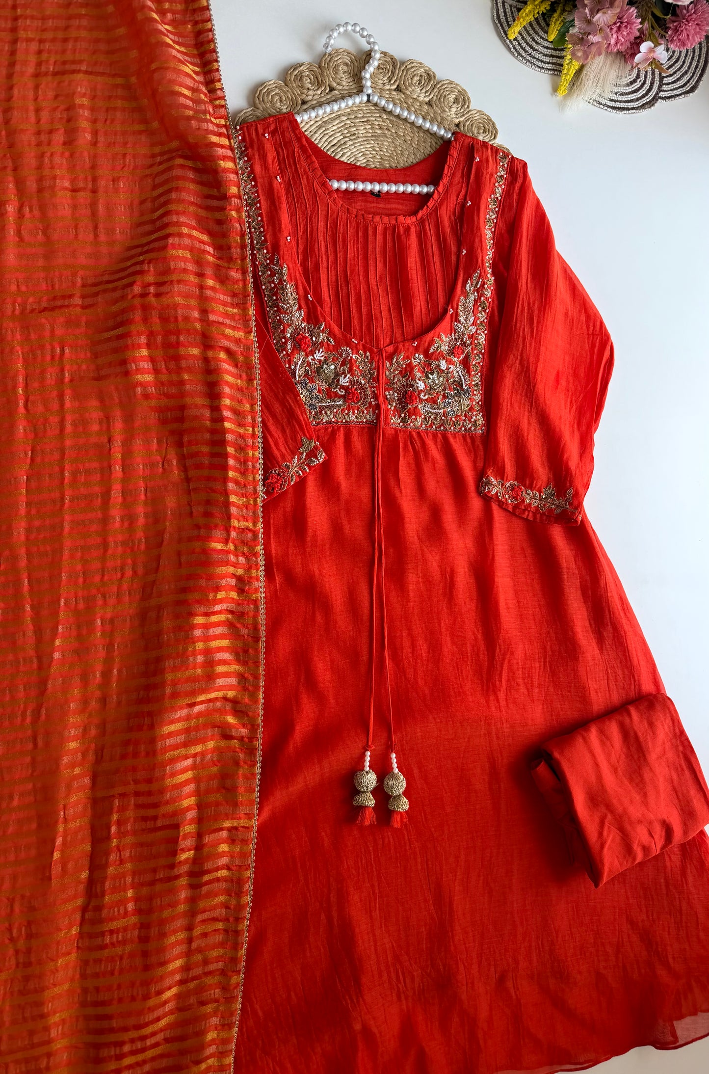 K521 - Mul chanderi Handwork aline Kurti with pants and dupatta