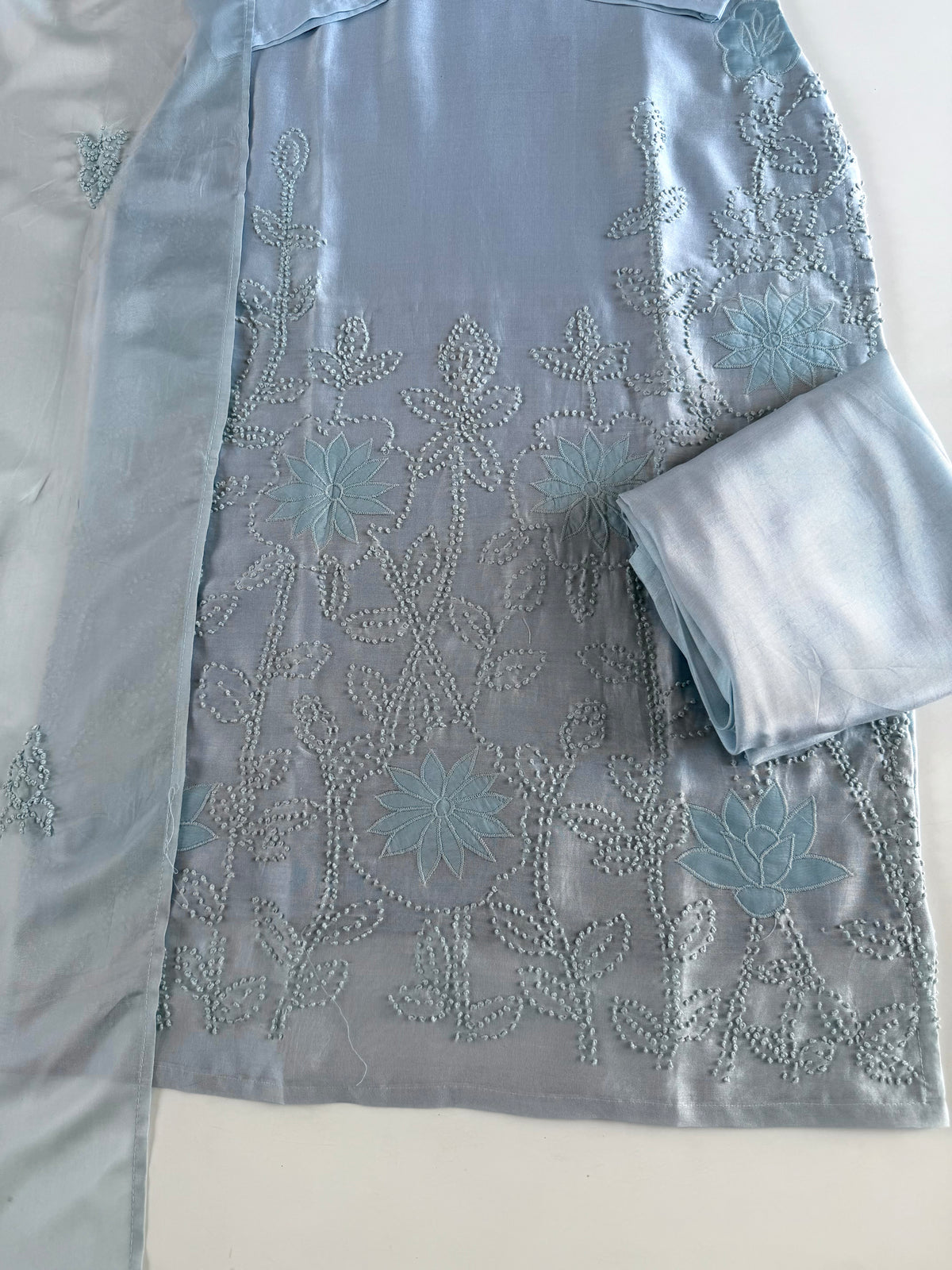 K628 - Chanderi silk knot appliqué work straight Kurti with pants and dupatta