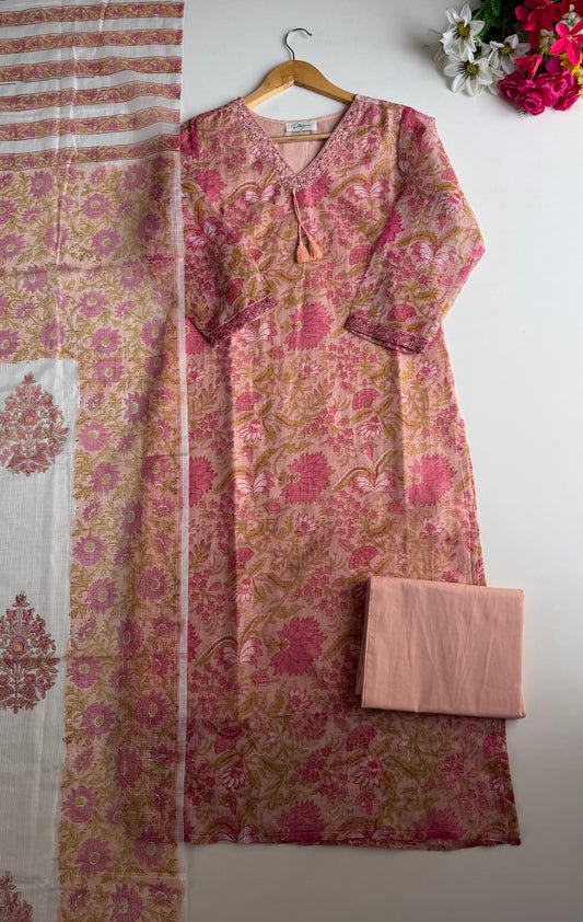 K296-Kota doriya embroidered straight Kurti with pants and dupatta