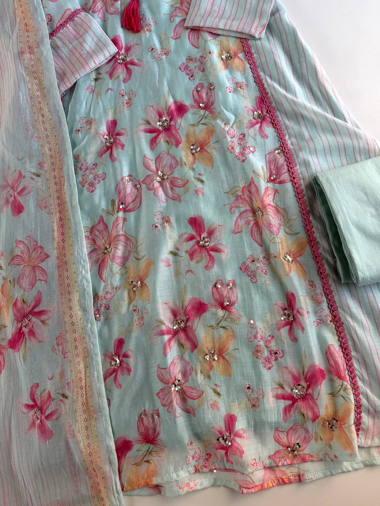 K524 - Mulmul chanderi floral Aline Kurti with pants and dupatta