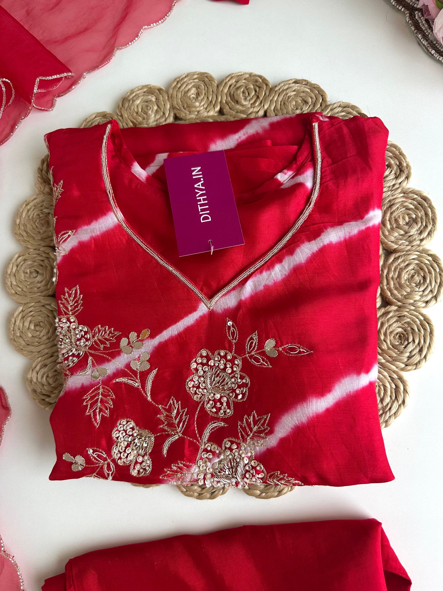 K016 - Russian silk leheriya handwork Straight Kurti with pants and dupatta in 2 styles