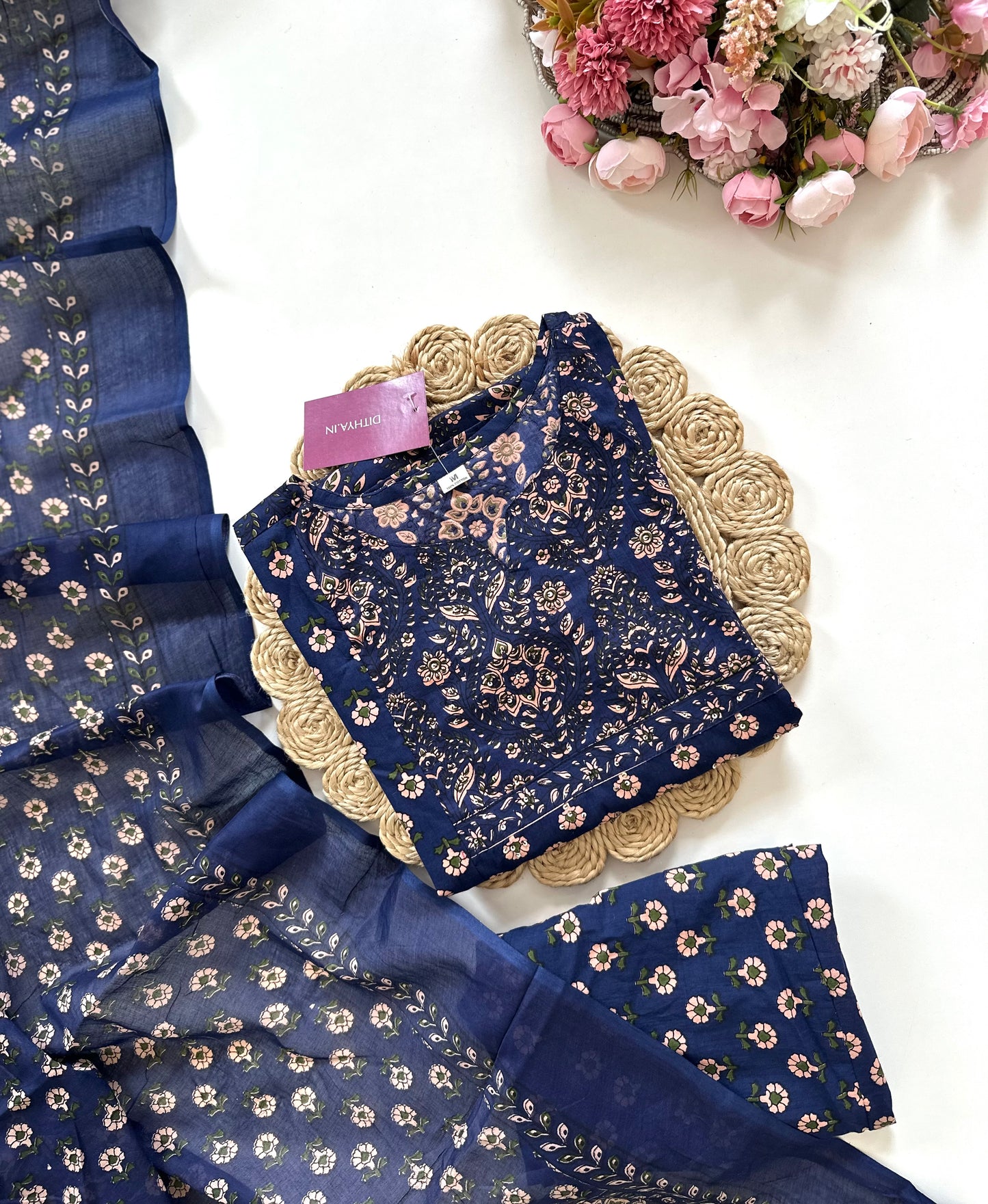 K201 - Cotton printed Straight Kurti with pants and dupatta in 2 colours