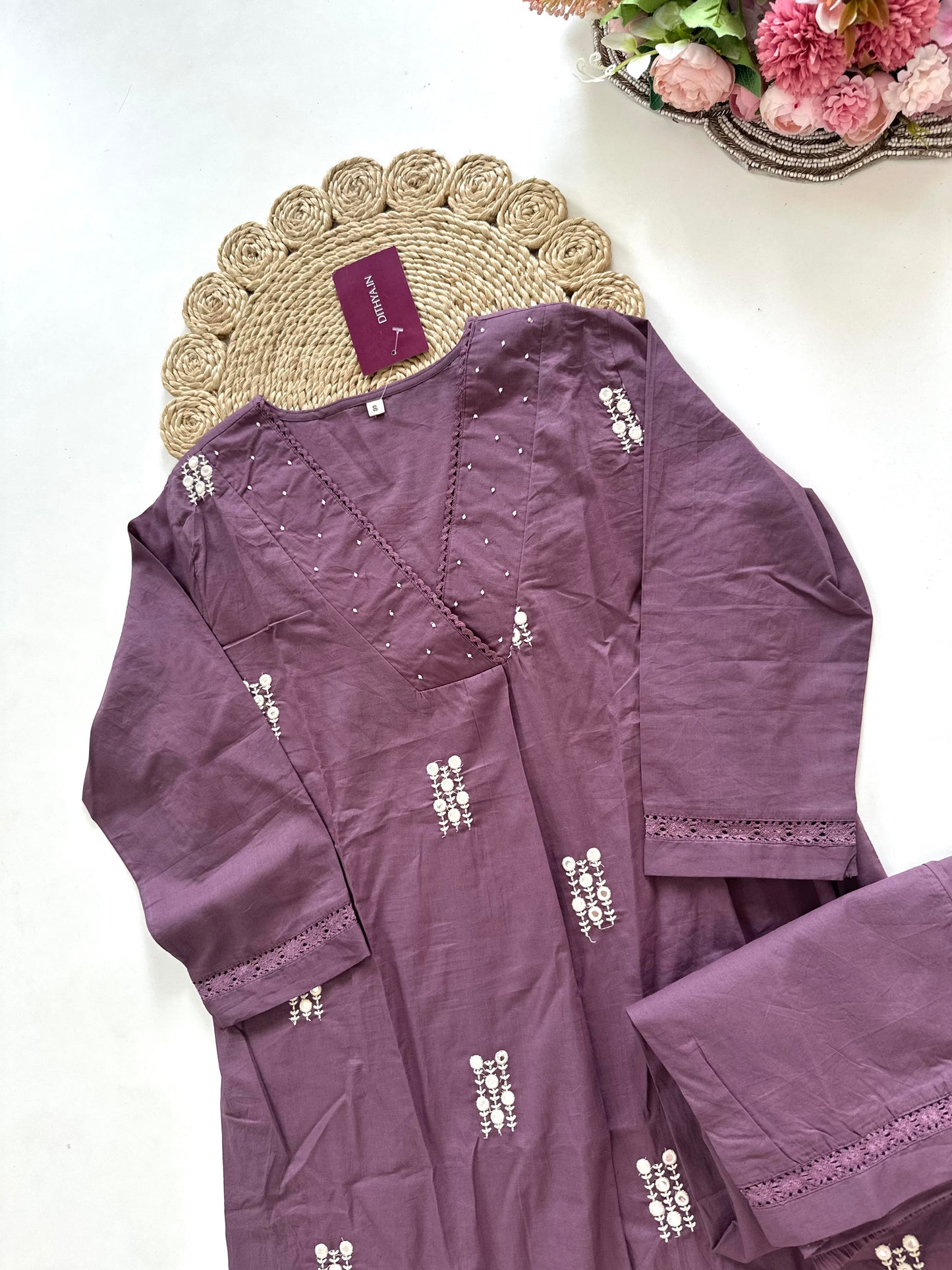K104 - Cotton embroidered Aline Kurti with pants in 2 colours