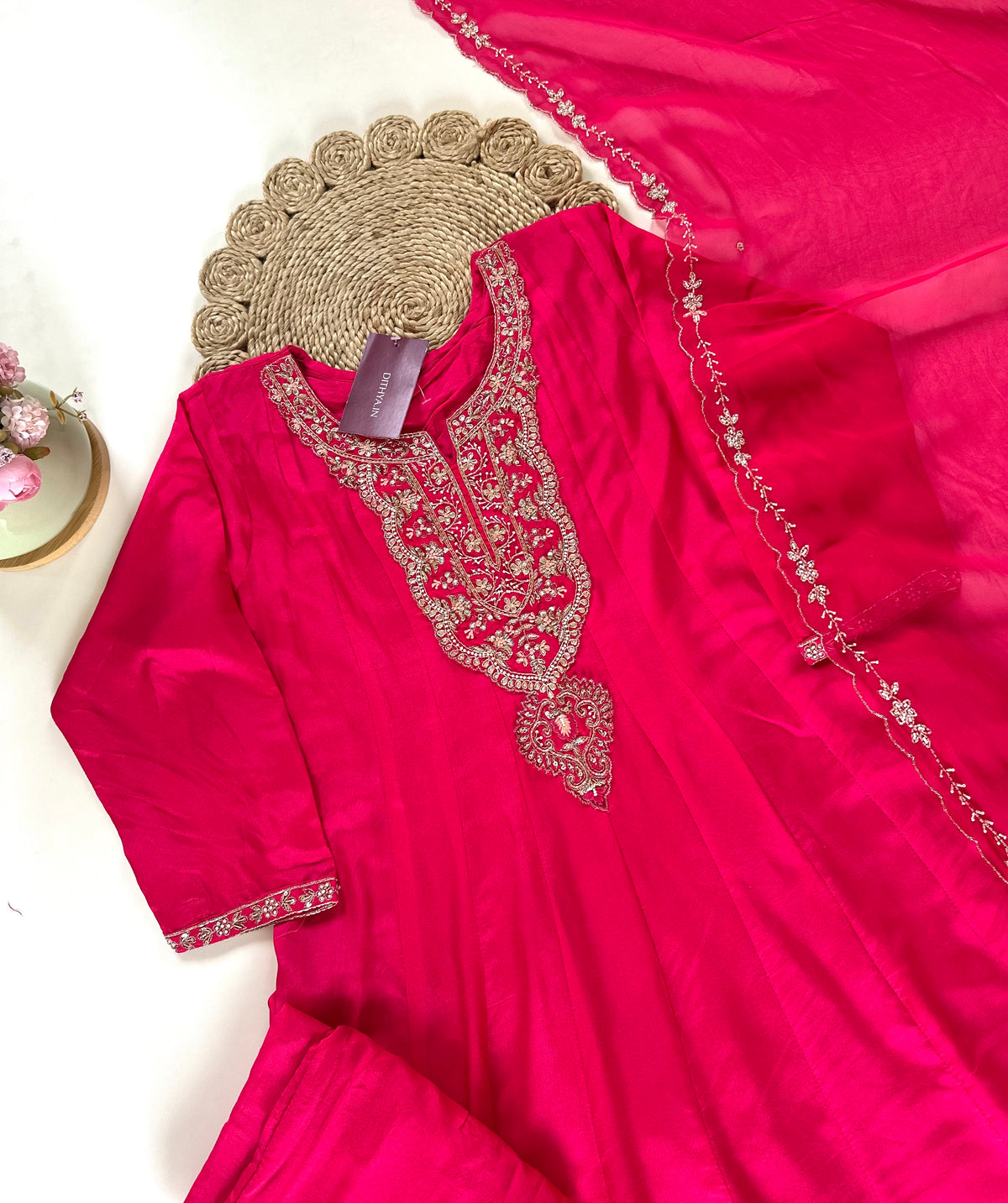 K163 - Russian silk handwork Anarkali with pants and organza dupatta